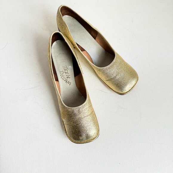 Vintage 70s Teen Dream Gold Lurex Square Toe Evening Heels 10AA - Picture 6 of 11